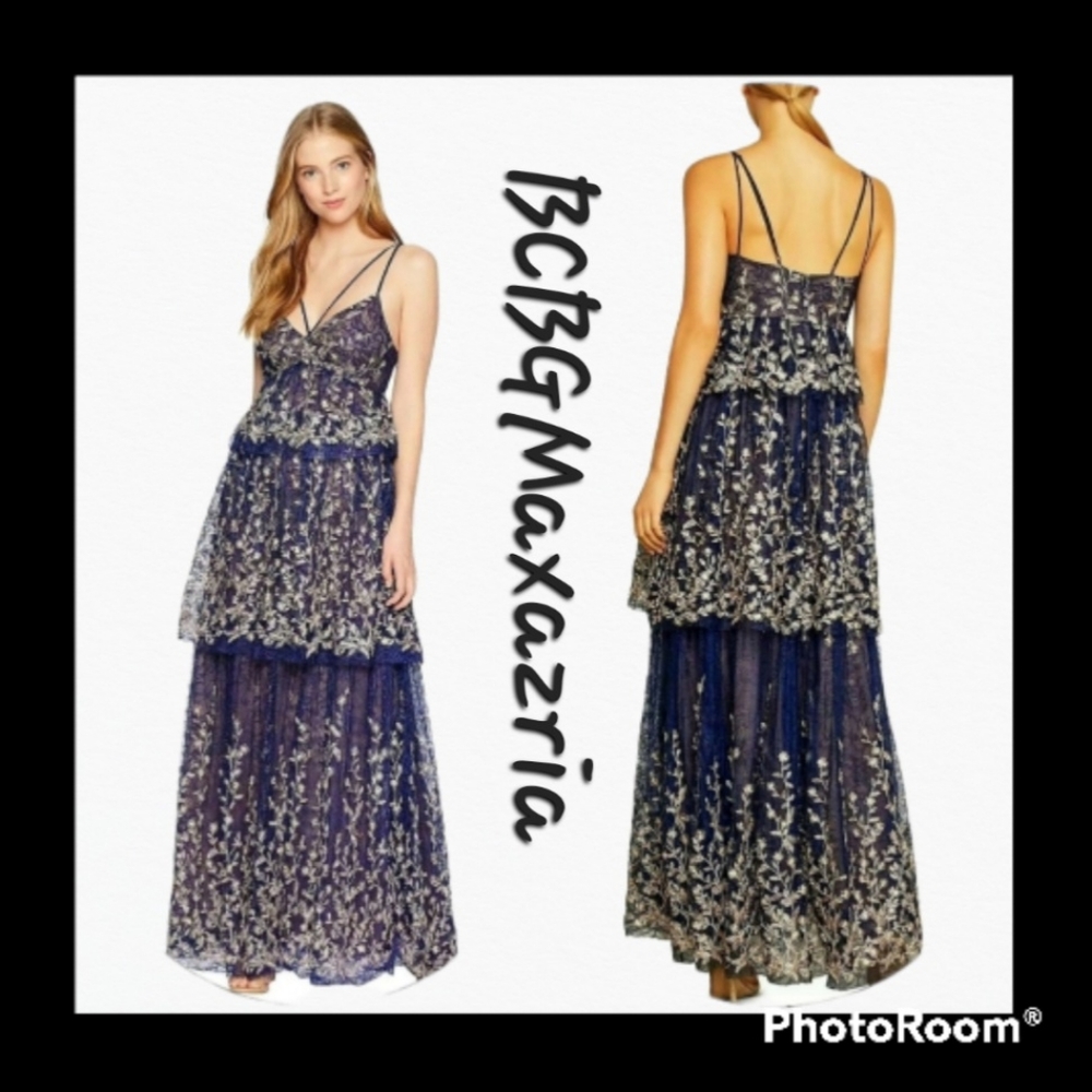 NEW BCBGMAXAZRIA TIERED EMBROIDERED MAXI PROM DRESS
